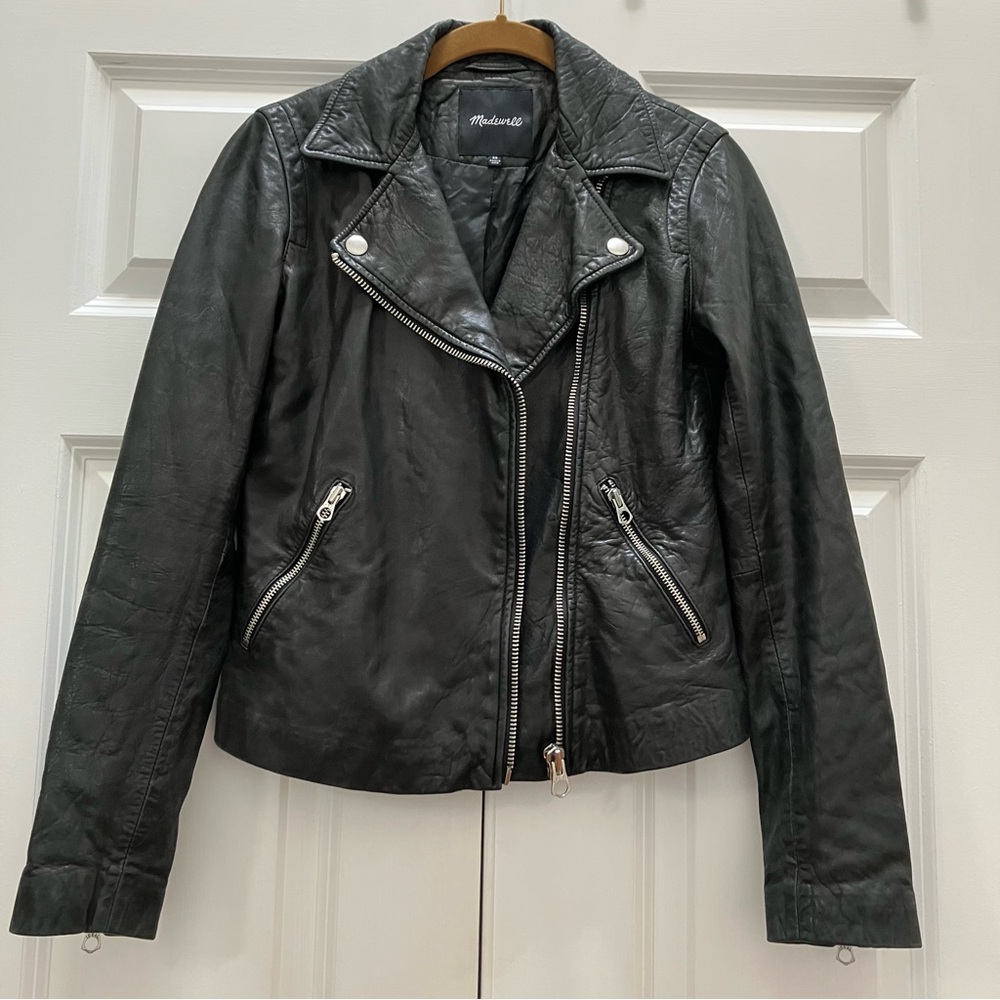 Madewell Washed Leather Motorcycle Jacket Black Moto Zippers size XS - Picture 2 of 15